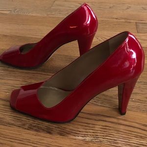 J Vincent Red Peep Toe Patent Leather Pumps